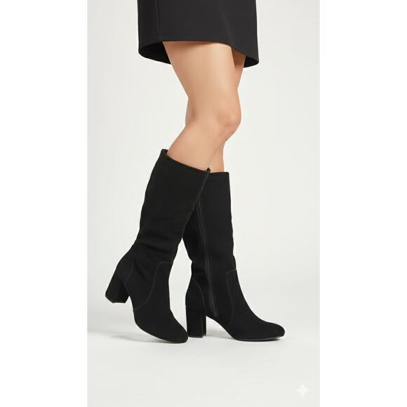 Essex Lane Suede Leather Knee High Boots Black Round Toe Heeled Boots Size 9 - Picture 2 of 6